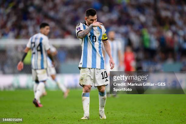 Lionel Messi of Argentinia looks dejected during the FIFA World Cup Qatar 2022 quarter final match between Netherlands and Argentina at Lusail...