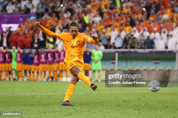 Virgil Van Dijk of Netherlands misses the team's first penalty in the penalty shoot out during the FIFA World Cup Qatar 2022 quarter final match...