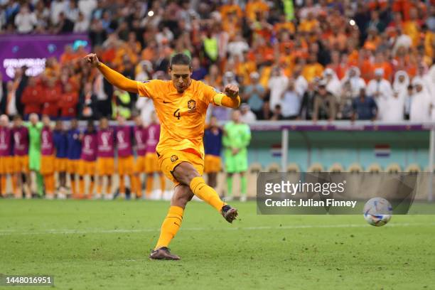Virgil Van Dijk of Netherlands misses the team's first penalty in the penalty shoot out during the FIFA World Cup Qatar 2022 quarter final match...
