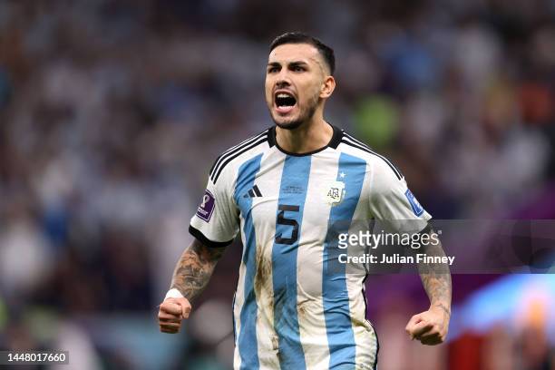 Leandro Paredes of Argentina celebrates scoring the team's second penalty in the penalty shoot out during the FIFA World Cup Qatar 2022 quarter final...
