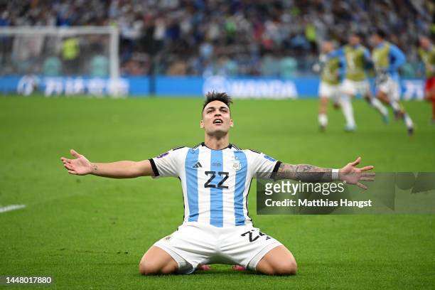 Lautaro Martinez of Argentina celebrates after scoring the teams winning penalty during the FIFA World Cup Qatar 2022 quarter final match between...