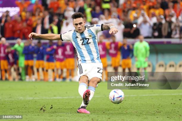 Lautaro Martinez of Argentina scores the team's fifth and winning penalty in the penalty shoot out during the FIFA World Cup Qatar 2022 quarter final...