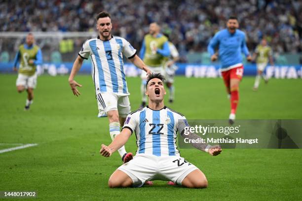 Lautaro Martinez of Argentina scores the team's fifth and winning penalty in the penalty shoot out during the FIFA World Cup Qatar 2022 quarter final...