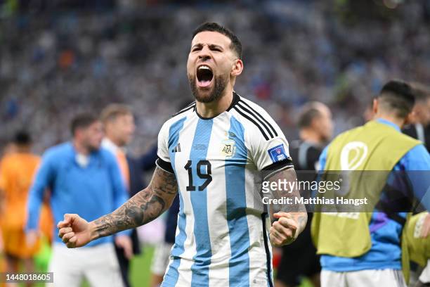 Nicolas Otamendi of Argentina celebrates after the win in the penalty shootout during the FIFA World Cup Qatar 2022 quarter final match between...