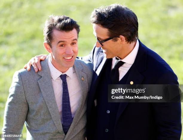 Co-owners of Wrexham AFC Rob McElhenney and Ryan Reynolds await the arrival of King Charles III and Camilla, Queen Consort as they visit Wrexham...