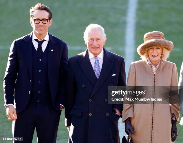 Co-owner of Wrexham AFC Ryan Reynolds meets King Charles III and Camilla, Queen Consort as they visit Wrexham Association Football Club on December...