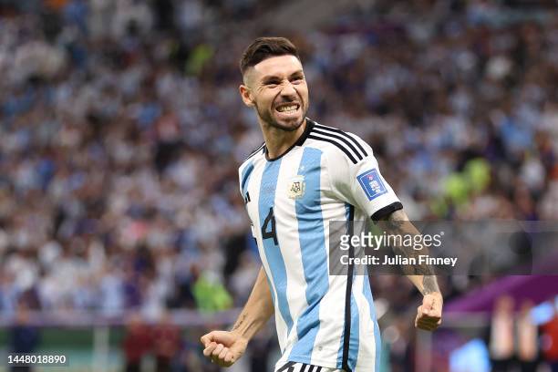 Gonzalo Montiel of Argentina celebrates scoring the team's third penalty in the penalty shoot out during the FIFA World Cup Qatar 2022 quarter final...