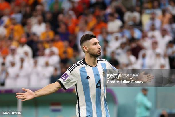 Gonzalo Montiel of Argentina celebrates scoring the team's third penalty in the penalty shoot out during the FIFA World Cup Qatar 2022 quarter final...