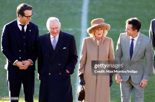 Co-owners of Wrexham AFC Ryan Reynolds and Rob McElhenney meet King Charles III and Camilla, Queen Consort as they visit Wrexham Association Football...