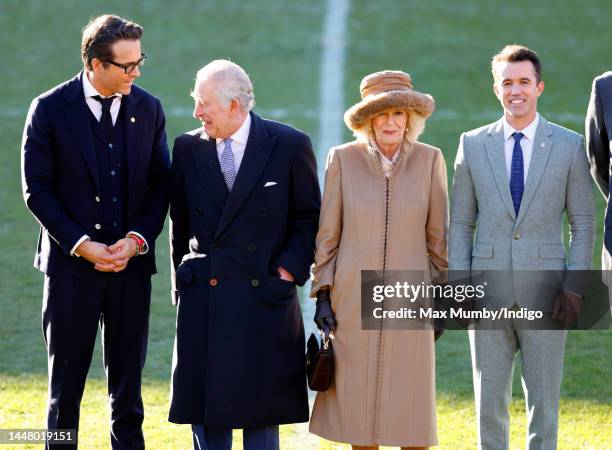 Co-owners of Wrexham AFC Ryan Reynolds and Rob McElhenney meet King Charles III and Camilla, Queen Consort as they visit Wrexham Association Football...