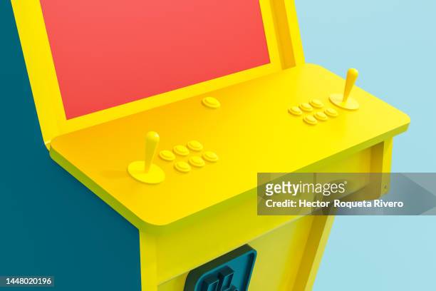3d rendering of arcade machine with yellow, blue colors and red screen in blue background, games concept - tienda de juegos de vídeo fotografías e imágenes de stock