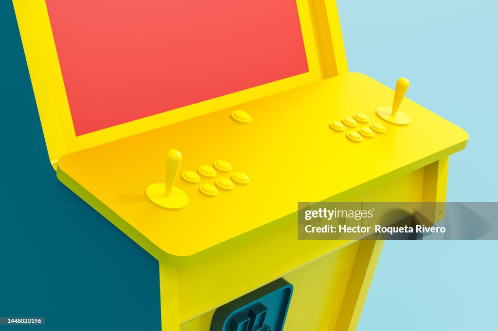 Game Machine Color 3d Rendering Of Arcade Machine With Yellow Blue Colors And Red Screen ...