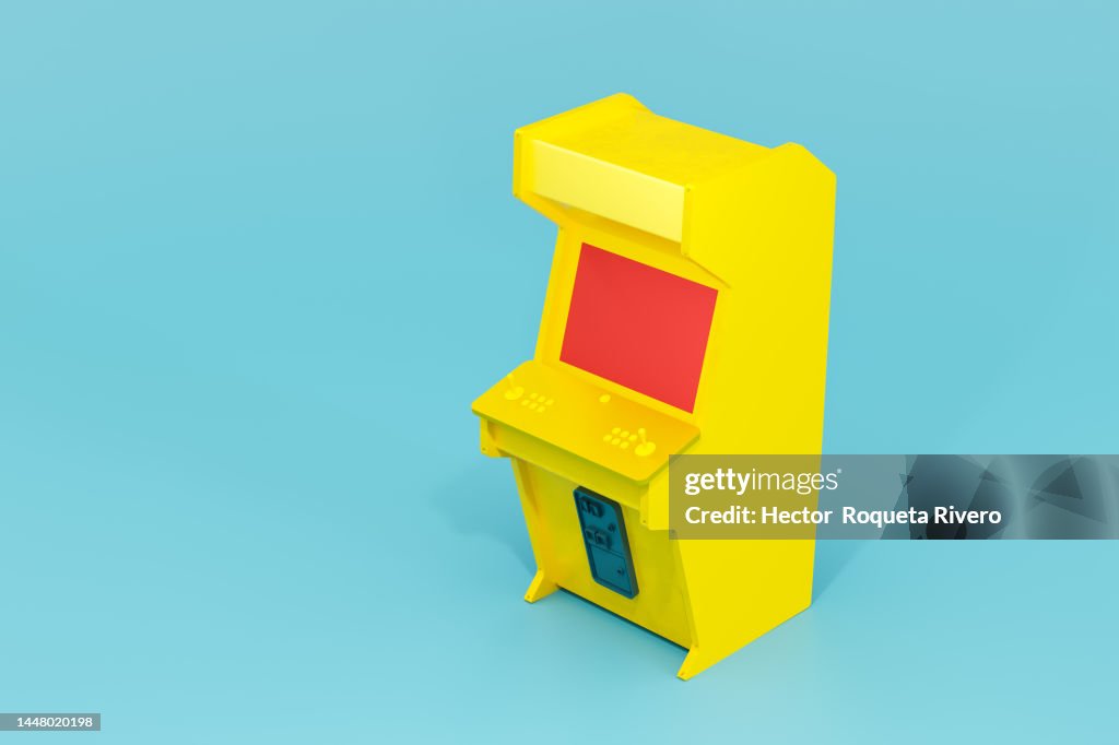 3d Rendering of Arcade Machine with Yellow, Blue Colors and Red Screen in Blue Background, Games Concept