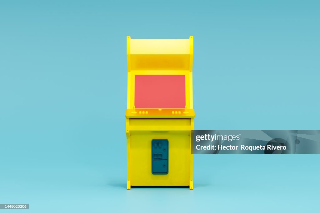 3d Rendering of Arcade Machine with Yellow, Blue Colors and Red Screen in Blue Background, Games Concept