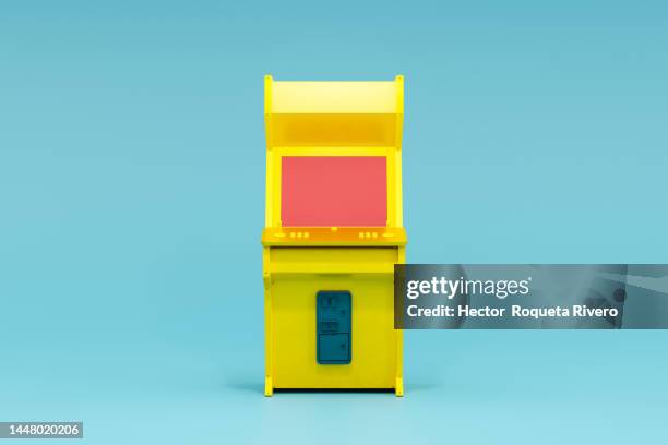 3d rendering of arcade machine with yellow, blue colors and red screen in blue background, games concept - amusement arcade 個照片及圖片檔