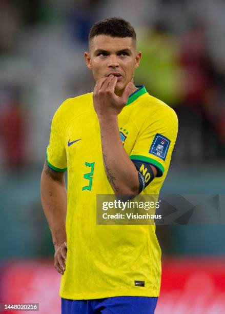 Thiago Silva of Brazil looks dejected following the FIFA World Cup Qatar 2022 quarter final match between Croatia and Brazil at Education City...