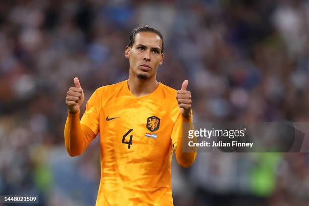 Virgil Van Dijk of Netherlands applauds fans after the team's defeat in the penalty shoot out during the FIFA World Cup Qatar 2022 quarter final...