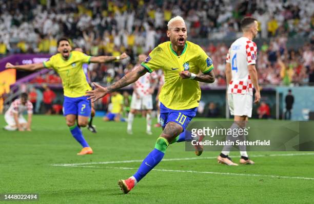 Neymar of Brazil celebrates after scoring the team's first goal during the FIFA World Cup Qatar 2022 quarter final match between Croatia and Brazil...