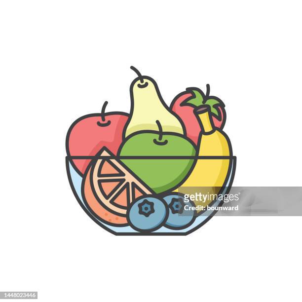 bowl of fruits color line icon. editable stroke. - apple plate stock illustrations