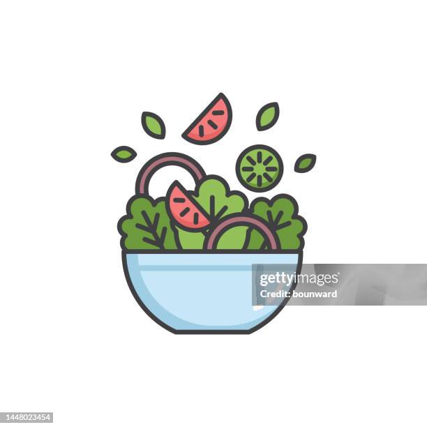 illustrazioni stock, clip art, cartoni animati e icone di tendenza di icona della linea di colore dell'insalatiera. tratto modificabile. - insalata