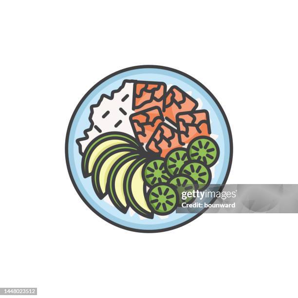 hawaiian dish poke bowl color line icon. editable stroke. - seared tuna salad stock illustrations