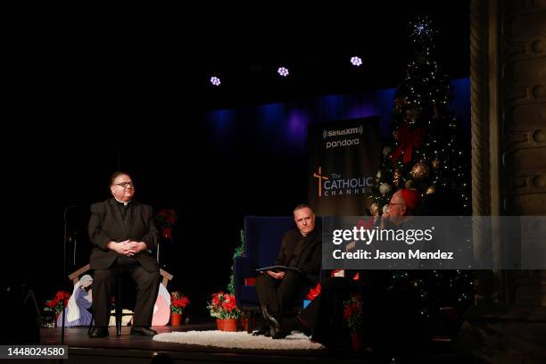 Father Jim Vlaun, Father Dave Dwyer and Cardinal Timothy M. Dolan speak during Cardinal Dolan's annual SiriusXM Christmas special on The Catholic...