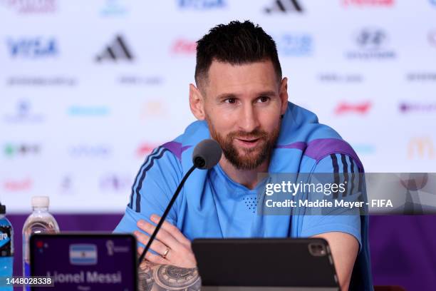 Lionel Messi of Argentina attends the post match press conference after the penalty shootout win during the FIFA World Cup Qatar 2022 quarter final...