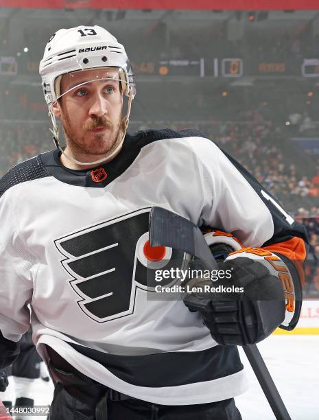 Kevin Hayes of the Philadelphia Flyers looks along the bench during a first period timeout against the Tampa Bay Lightning at the Wells Fargo Center...