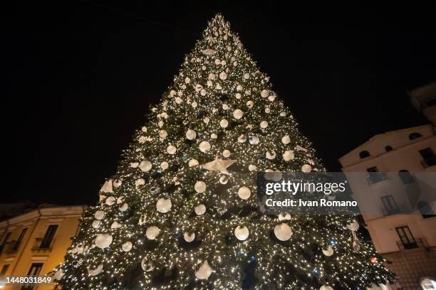 The general view of the Christmas tree included in the Salerno Luci d'Artista 2022-2023 event on December 09, 2022 in Salerno, Italy.