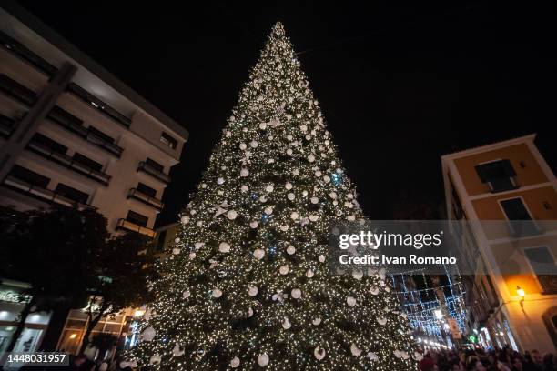 The general view of the Christmas tree included in the Salerno Luci d'Artista 2022-2023 event on December 09, 2022 in Salerno, Italy.