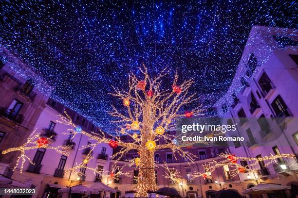 The general view of a square decorated for the Salerno Luci d'Artista 2022-2023 event on December 09, 2022 in Salerno, Italy.