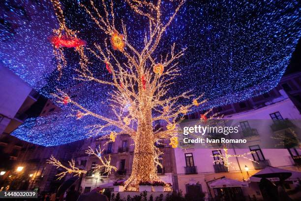 The general view of a square decorated for the Salerno Luci d'Artista 2022-2023 event on December 09, 2022 in Salerno, Italy.