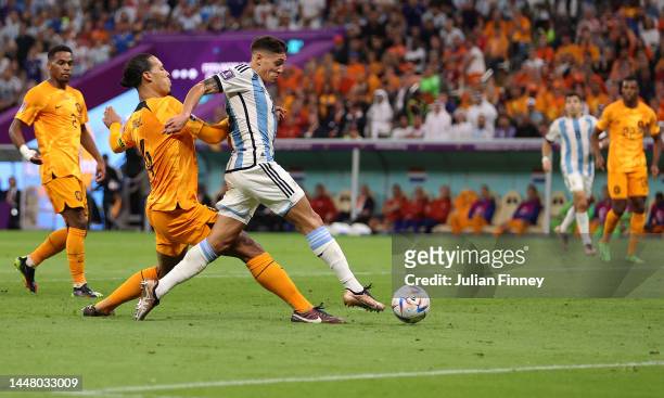 Nahuel Molina of Argentina scores the team's first goal during the FIFA World Cup Qatar 2022 quarter final match between Netherlands and Argentina at...