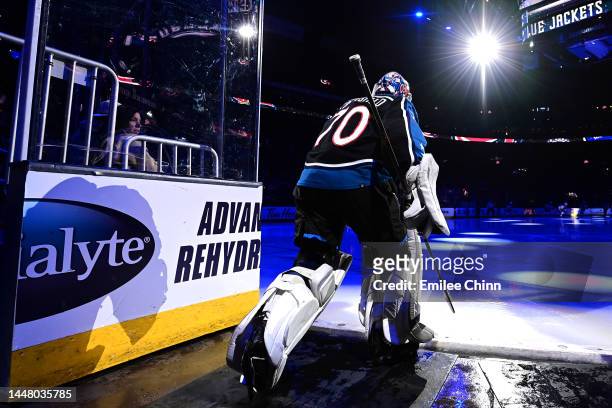 Joonas Korpisalo of the Columbus Blue Jackets takes the ice for the first period of the game against the Calgary Flames at Nationwide Arena on...