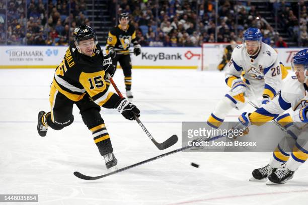 Josh Archibald of the Pittsburgh Penguins shoots during the first period of an NHL hockey game against the Buffalo Sabres at KeyBank Center on...