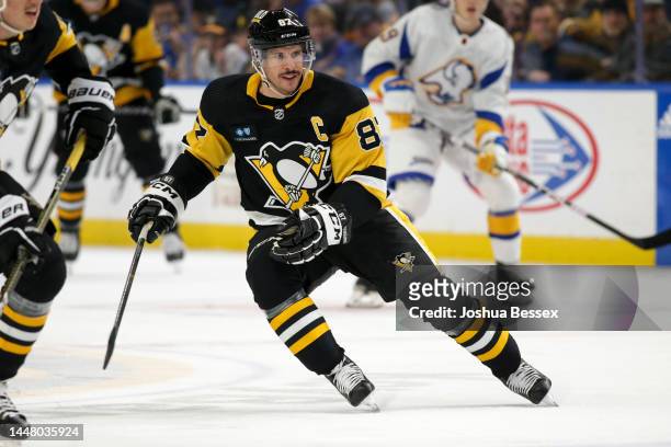 Sidney Crosby of the Pittsburgh Penguins skates during the first period of an NHL hockey game against the Buffalo Sabres at KeyBank Center on...