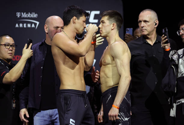 Opponents Billy Quarantillo and Alexander Hernandez face off during the UFC 282 ceremonial weigh-in at MGM Grand Garden Arena on December 09, 2022 in...