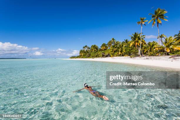 woman snorkeling in the sea, cook islands - アイツタキ ストックフォトと画像