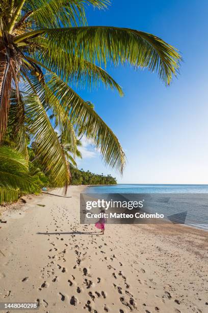 woman walking on exotic beach with palm trees, fiji - fiji stockfoto's en -beelden