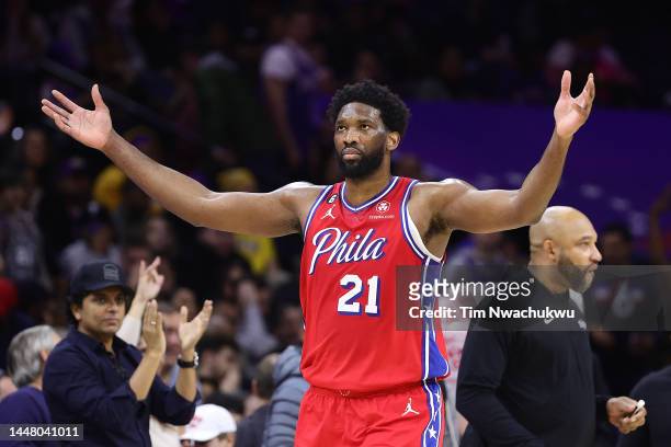 Joel Embiid of the Philadelphia 76ers reacts during the first quarter against the Los Angeles Lakers at Wells Fargo Center on December 09, 2022 in...