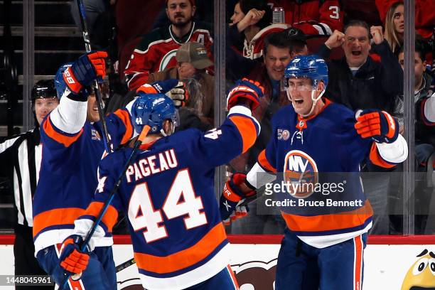 Brock Nelson of the New York Islanders celebrates his second goal of the game during the second period against the New Jersey Devils at the...