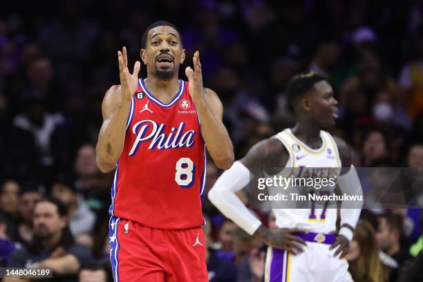 De'Anthony Melton of the Philadelphia 76ers reacts during the second quarter against the Los Angeles Lakers at Wells Fargo Center on December 09,...