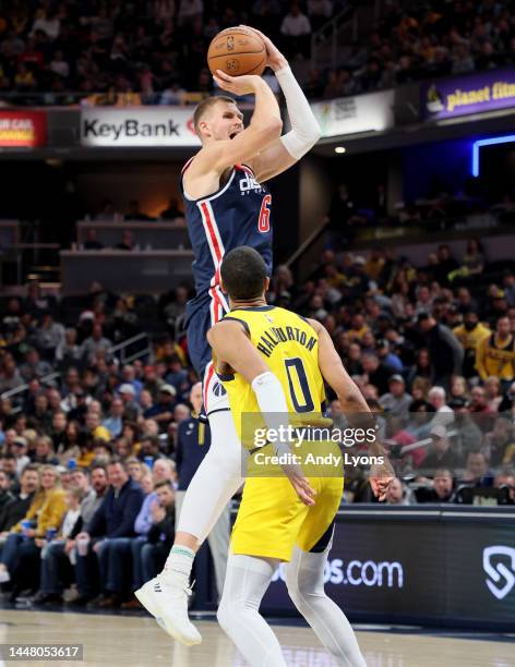 Kristaps Porzingis of the Washington Wizards against the Indiana Pacers at Gainbridge Fieldhouse on December 09, 2022 in Indianapolis, Indiana. NOTE...