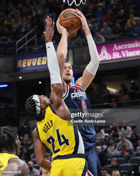 Kristaps Porzingis of the Washington Wizards against the Indiana Pacers at Gainbridge Fieldhouse on December 09, 2022 in Indianapolis, Indiana. NOTE...