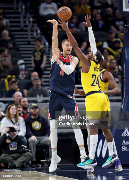 Kristaps Porzingis of the Washington Wizards against the Indiana Pacers at Gainbridge Fieldhouse on December 09, 2022 in Indianapolis, Indiana. NOTE...