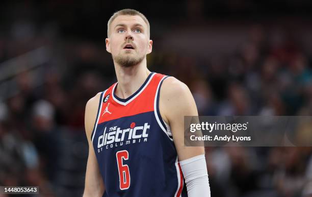 Kristaps Porzingis of the Washington Wizards against the Indiana Pacers at Gainbridge Fieldhouse on December 09, 2022 in Indianapolis, Indiana. NOTE...