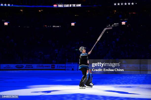 Elvis Merzlikins of the Columbus Blue Jackets is announced as one of the three stars of the game after a 3-1 win over the Calgary Flames at...