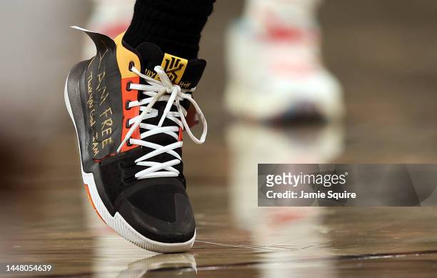 Detail of the shoes of Kyrie Irving of the Brooklyn Nets during the game against the Atlanta Hawks at Barclays Center on December 09, 2022 in New...