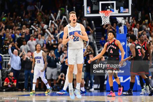 Franz Wagner of the Orlando Magic reacts in the final seconds of the fourth quarter of the game against the Toronto Raptors at Amway Center on...