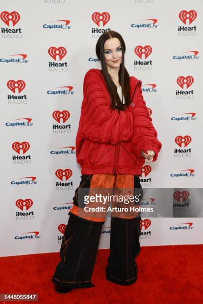 Dove Cameron attends the Z100's iHeartRadio Jingle Ball 2022 Press Room at Madison Square Garden on December 09, 2022 in New York City.
